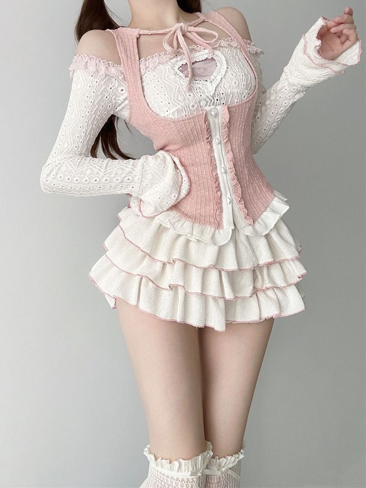 甘くてスパイシーな女の子の年齢を感じさせない春と秋の3点セット：オフショルダーシャツベストハイウエストパフスカート