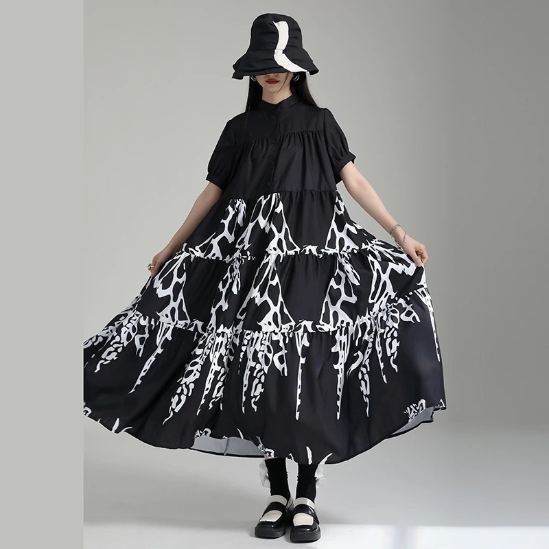 ロングワンピース夏の新しいデザイン感抽象プリントの中の長大きいサイズ ワンピース