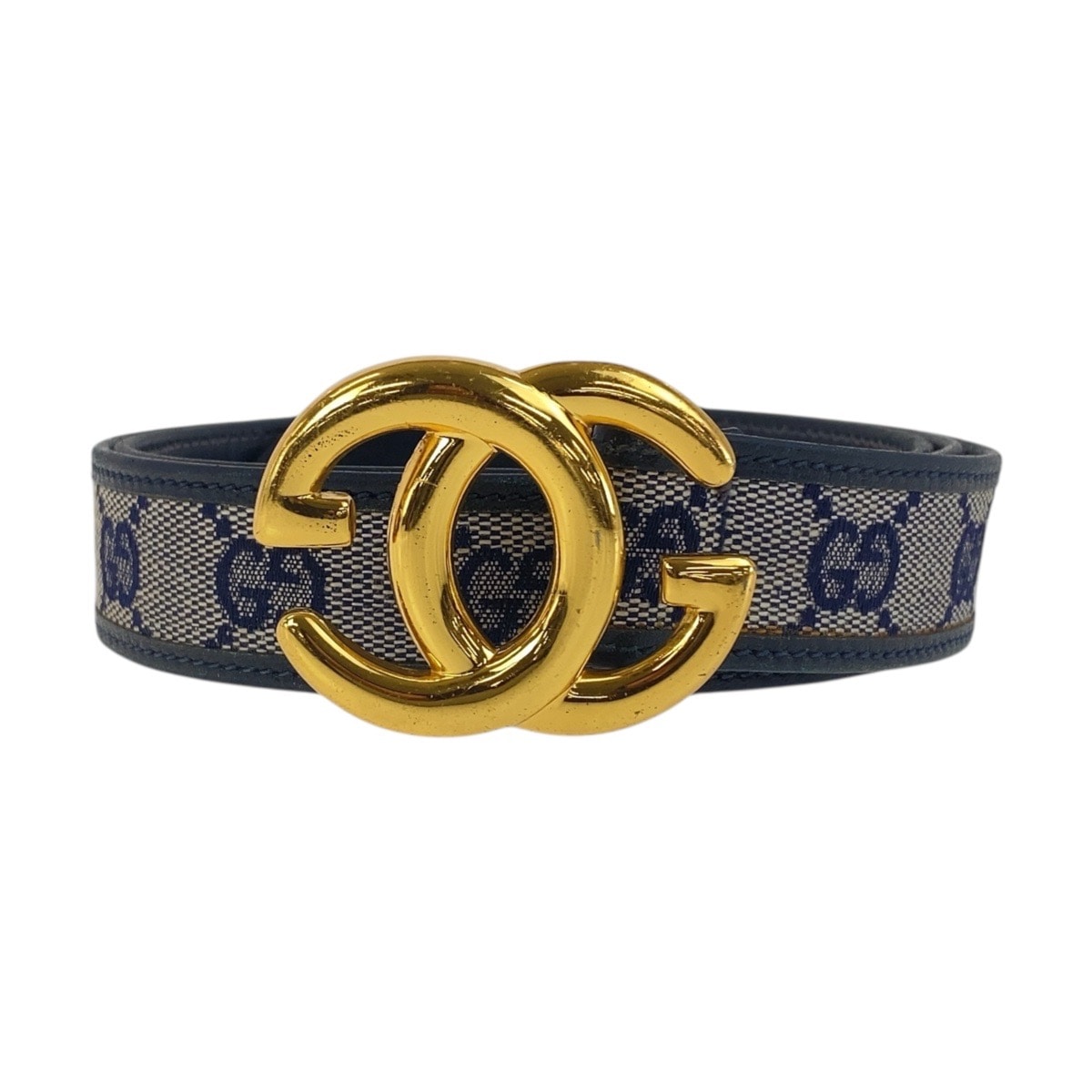 ヴィンテージ オールドグッチ インターロッキング 75cm ネイビー グレー ゴールド金具 GGキャンバス/レザー ベルト レディース 503982