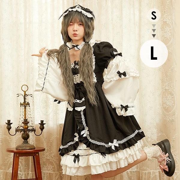 即納 メイド服 ロリータワンピース 長袖 ブラック ヘッドドレス 付け襟 付け袖 白黒 クラロリ 秋冬 膝丈 リボン レディース lolita ロリータ