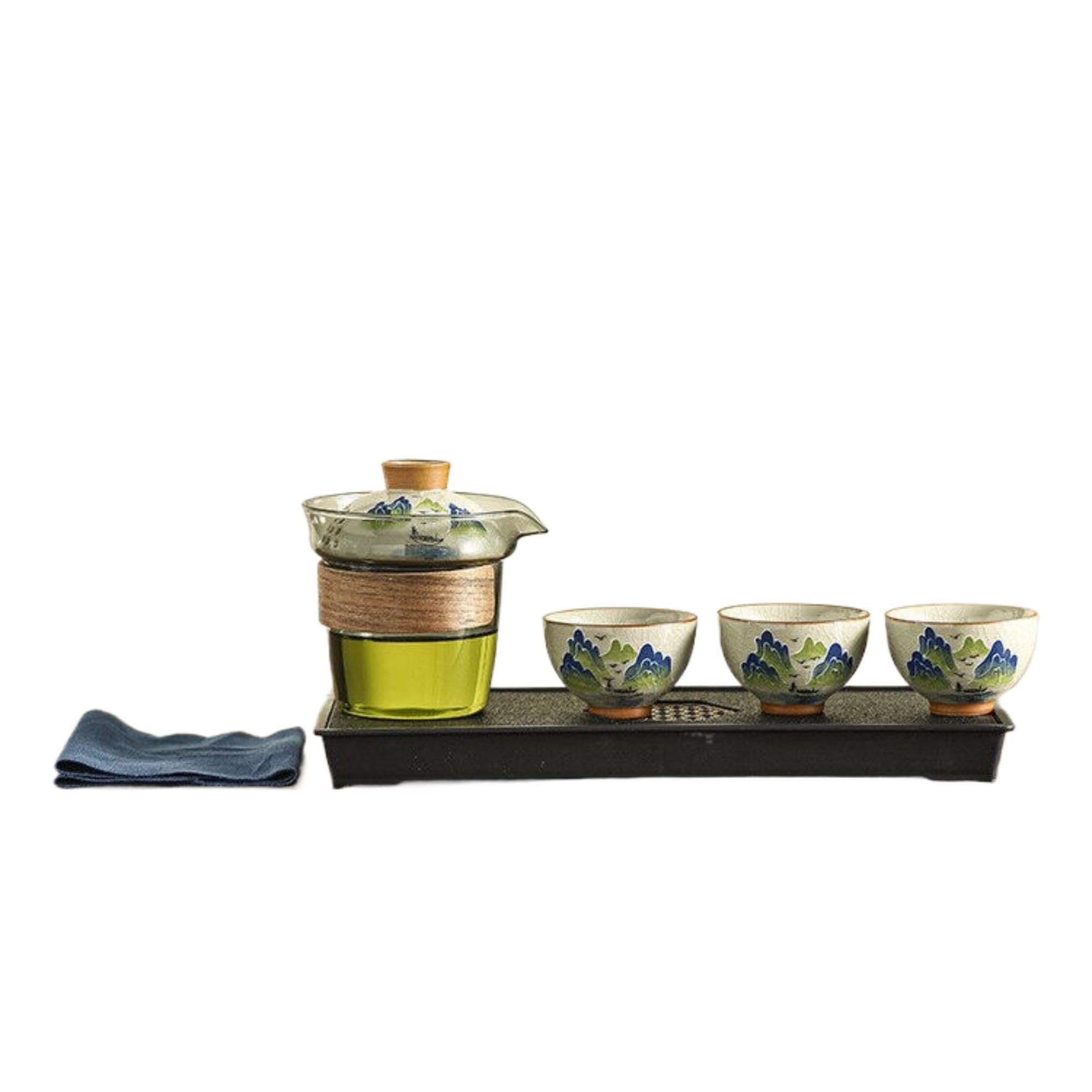 哥窑手绘一壶三杯セラミック磁器茶注入カップ陶瓷茶具旅行装(茶盘款）