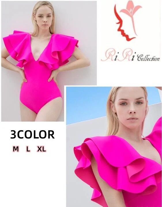 23年新作 ローズピンク 3カラー セクシー ワンピース水着 ビキニ つなぎ水着 イエロー ピンク 可愛い M L XL つなぎ -f2305 フリル