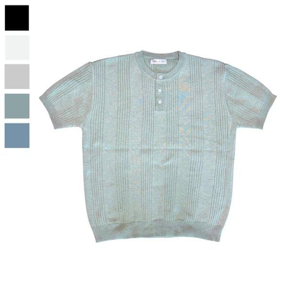 メンズ リブ編み ヘンリーネック 半袖 ニットTシャツ RB-KNH-Q093-カーキ