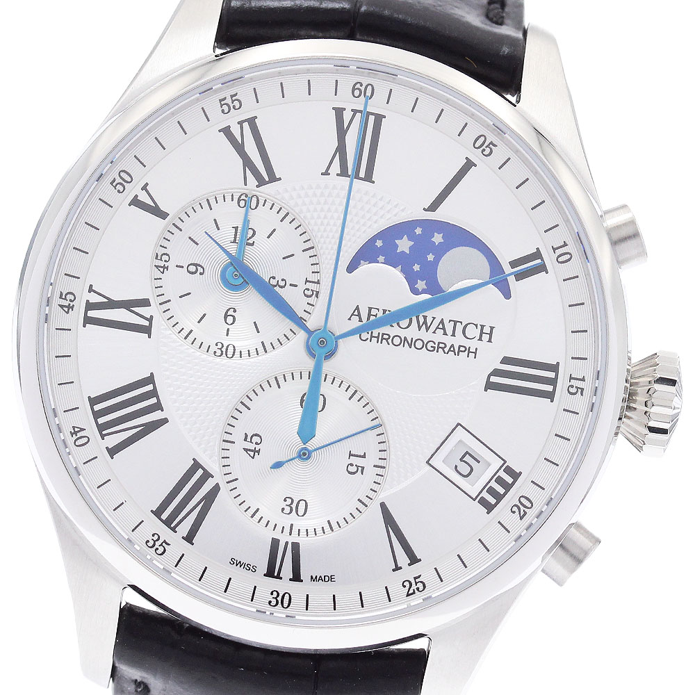 アエロウォッチ AEROWATCH A78990 クロノグラフ ムーンフェイズ クォーツ メンズ 美品 箱・保証書付き_881639【中古】