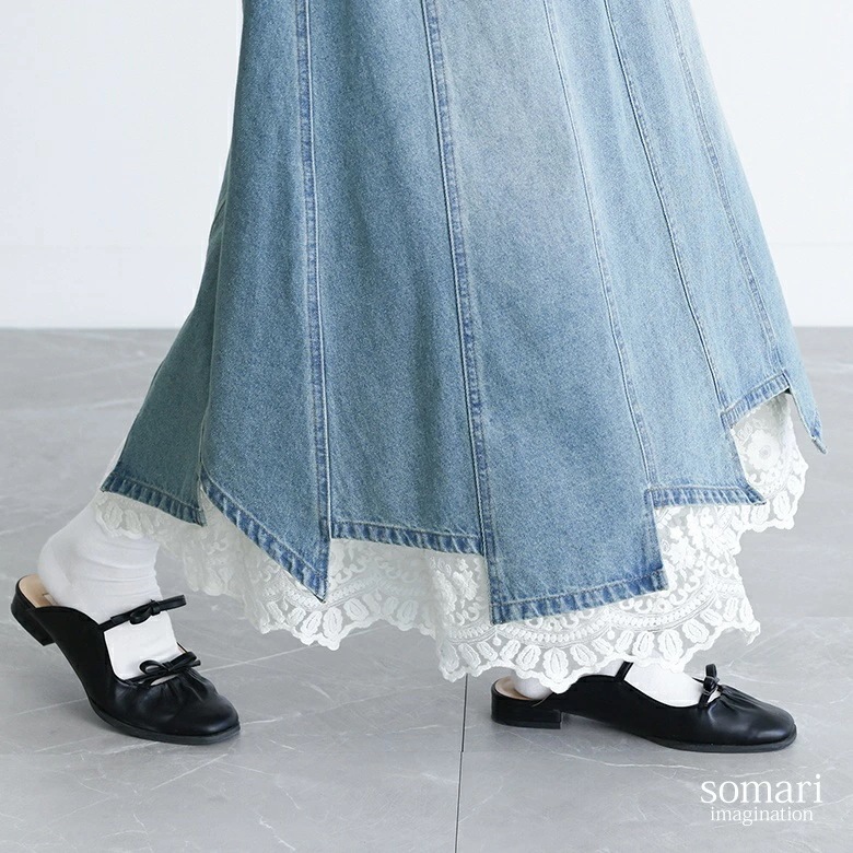 【激安販売】デニムスカート ロングスカート レディース ボトムス 春 夏 秋 冬 マキシ丈 レース ペチコート コットン100％ アシメ 変形 ボリューム ティアード スカラップ 3way 着回し オ