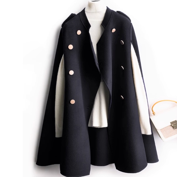 レディース アウター ポンチョ ミディアム マントコート ケープコート ノースリーブ 襟付き スタンドカラー フレア Aライン フェミニン 前開き コンサバ ボタン 中厚手 かわいい 大人可愛い