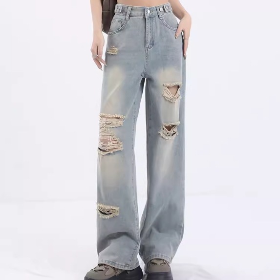 パンツ ボトムス レディース デニムパンツ フルレングス ワイド ストレート ポケット ハイウエスト ヴィンテージ アメカジ ダメージ ウォッシュ デニム ブルーデニム かわいい カジュアル おしゃれ
