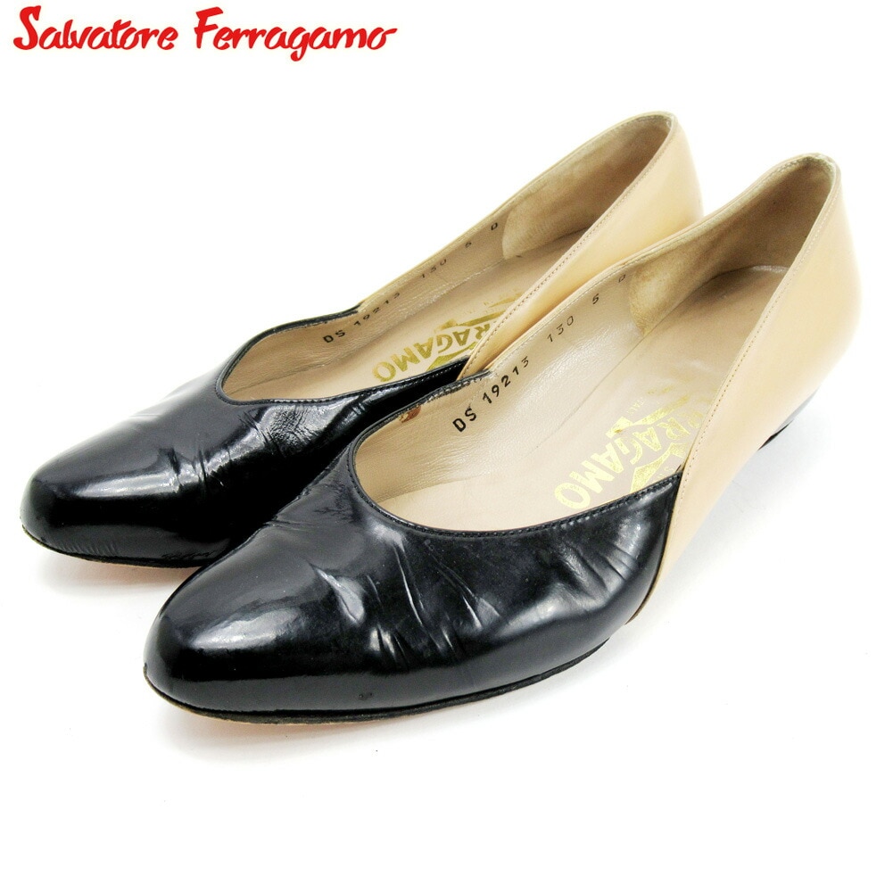 パンプス シューズ 靴 バイカラー 5 ベージュ ブラック 中古