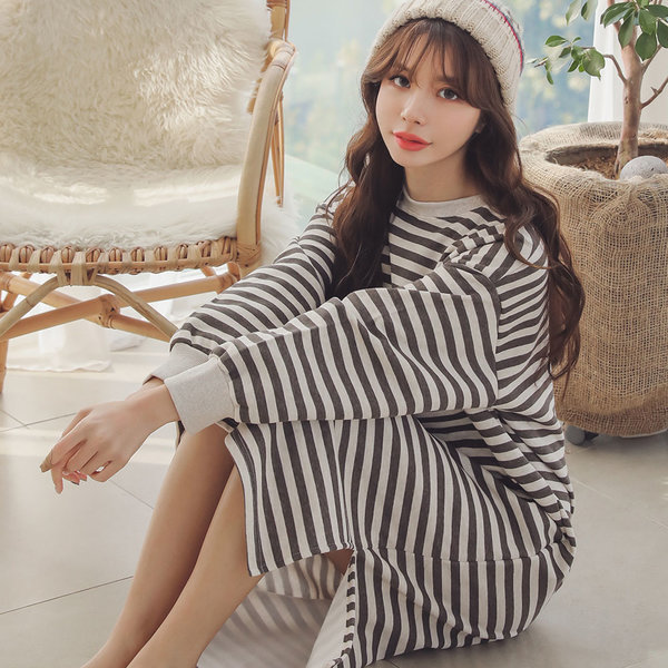 国産 ランガ 長袖 ワンピース 起毛 ストライプ レディース ホームウェア
