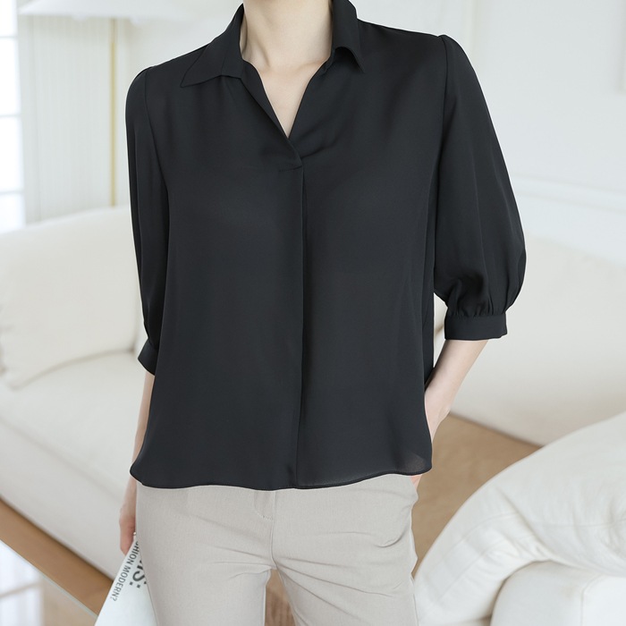 [韓国ファッション] 半オープン カラーネック セミクロップ 7分丈 ブラウス