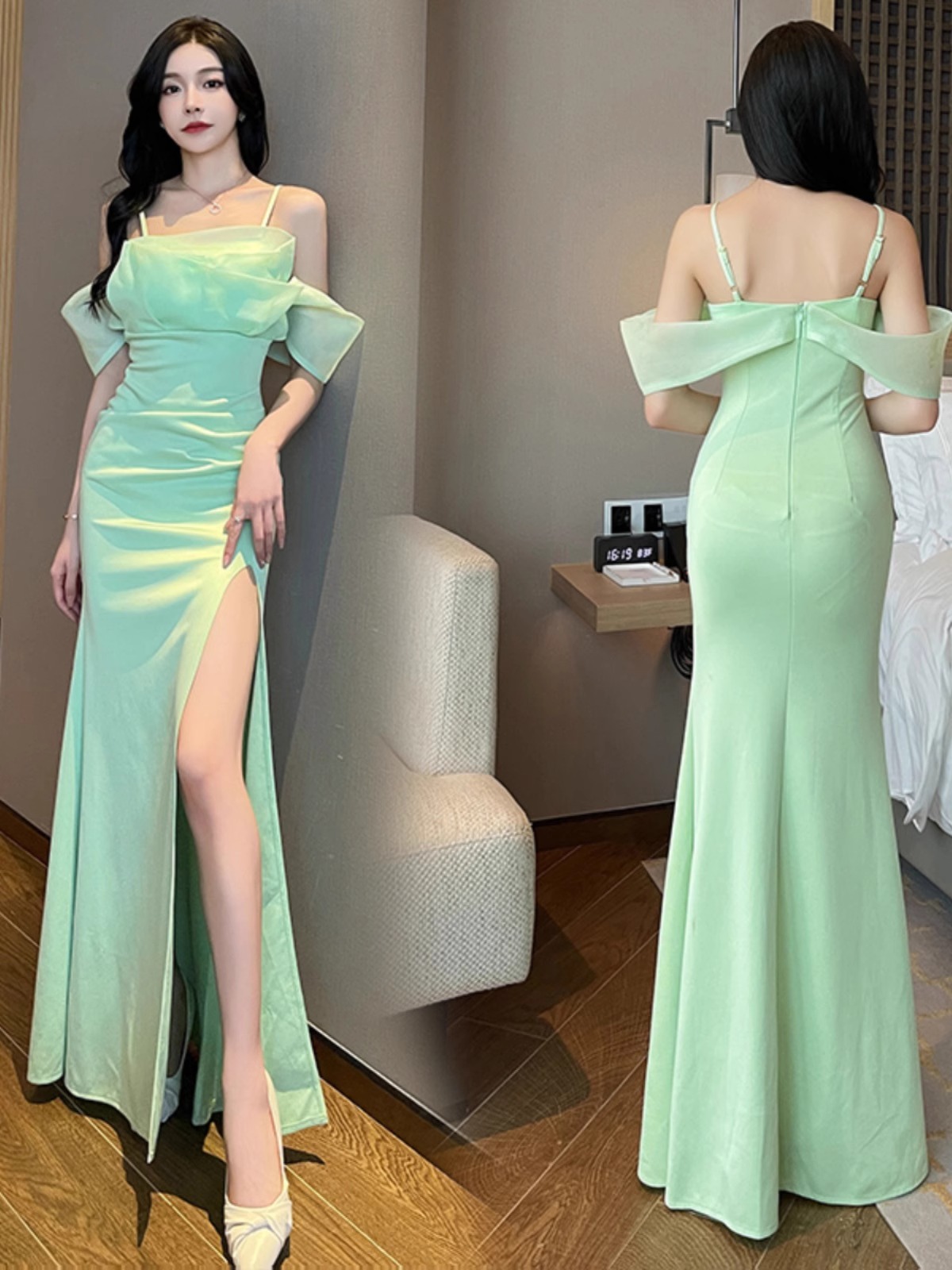 キャミソールのイブニングドレスのショルダー開脚ワンピース 6,151円