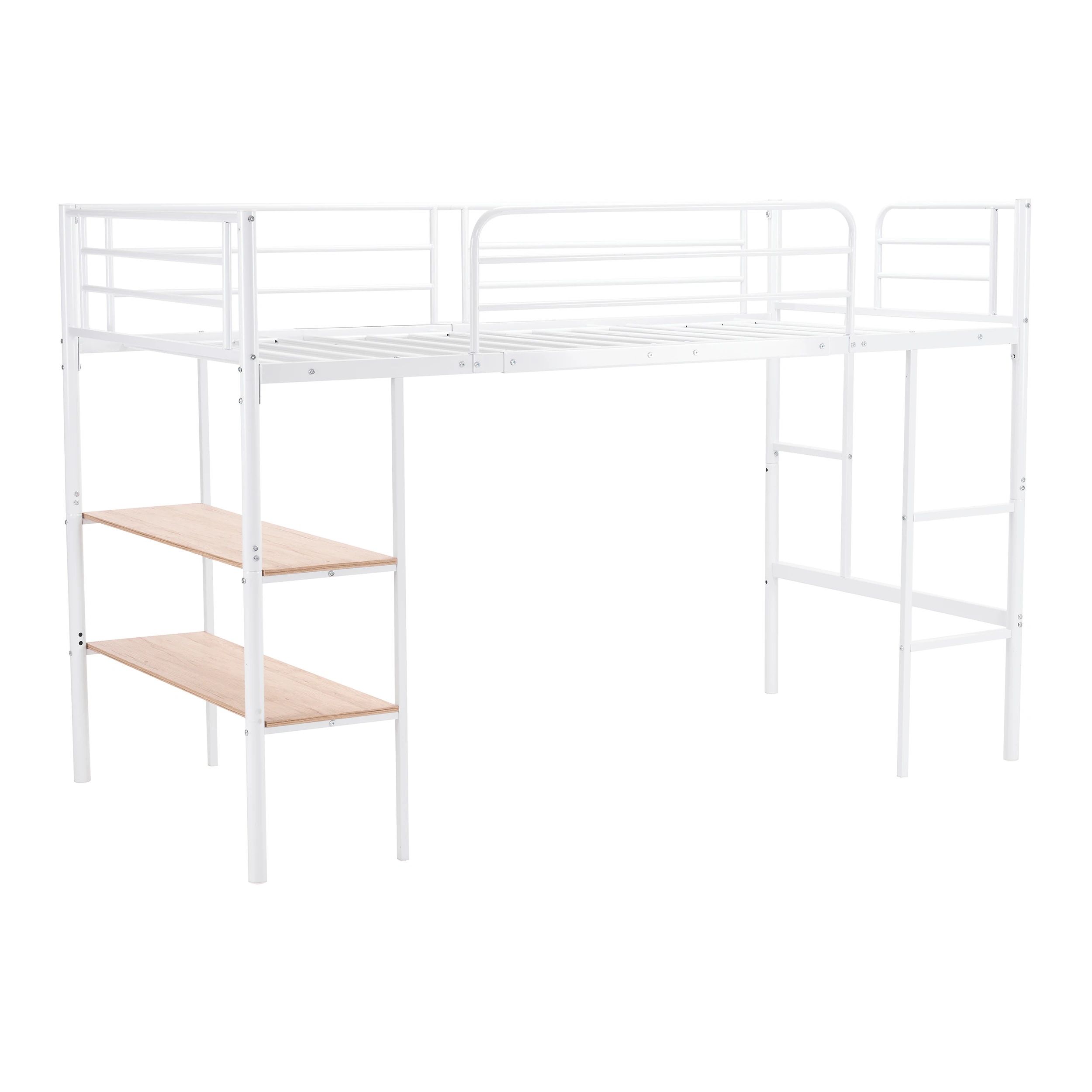 【国内発送&送·料·無·料】【新品】　ホワイト ロフトベッド パイプベッド シングルベッド 収納棚付く ロータイプ ロフトベッドロータイプ 木 収納 北欧風 おしゃれ 子供部屋 スチール 耐震-395