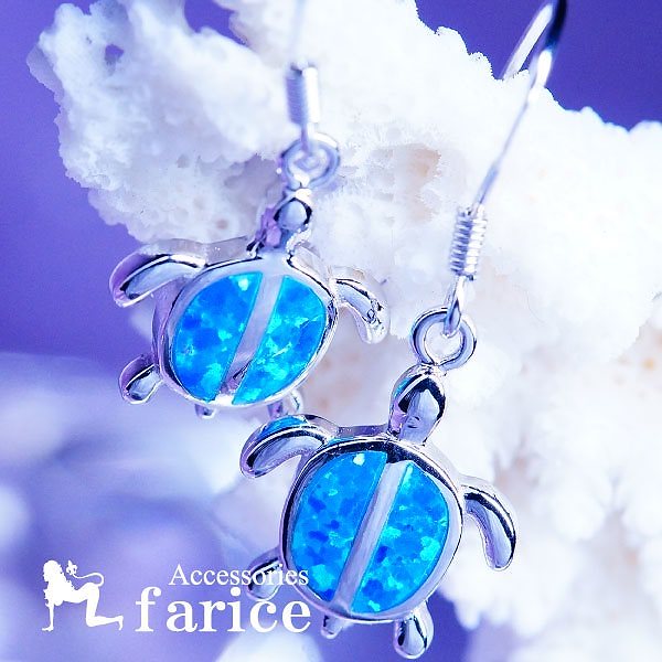 ホヌ(海がめ)モチーフ ブルーオパール装飾 甲羅シングルフレームデザイン レディース ハワイアンジュエリー シルバー925 アメリカンフック ピアスカメ/縦15mm