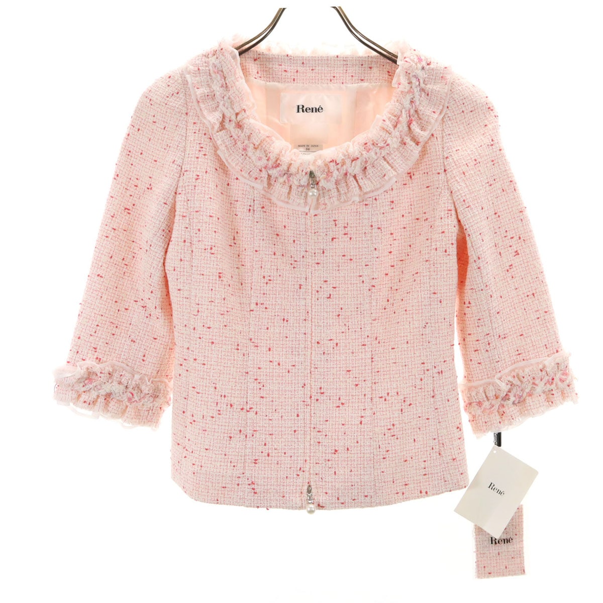 未使用 Rene ルネ 日本製 5分袖 ツイード ジャケット 34 ピンク系 レディース 古着