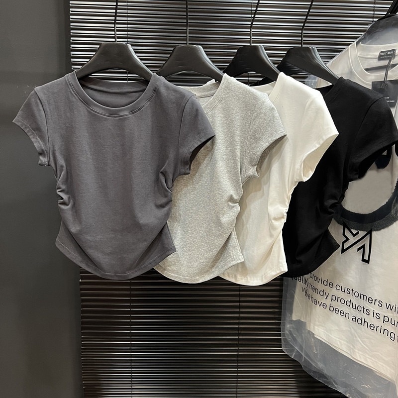 【1つ買うと20つ無料】スリムフィットとプリーツベースシャツの丸い首の女性用シャツシンなスタイルの汎用性のある肩