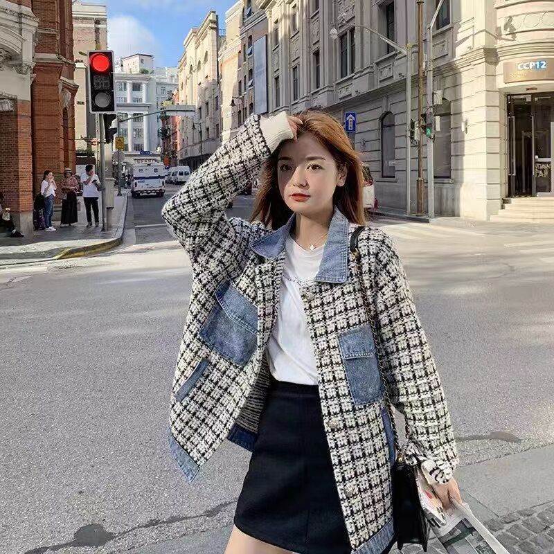 ツイードジャケット レディース デニム アウター個性的 ドッキング 襟付き コーデ レディース 袖あり ミディアム丈 暖かい 長袖 秋 冬 ホワイト ブラック 白 黒 無地 10代 20代 韓国 ファ
