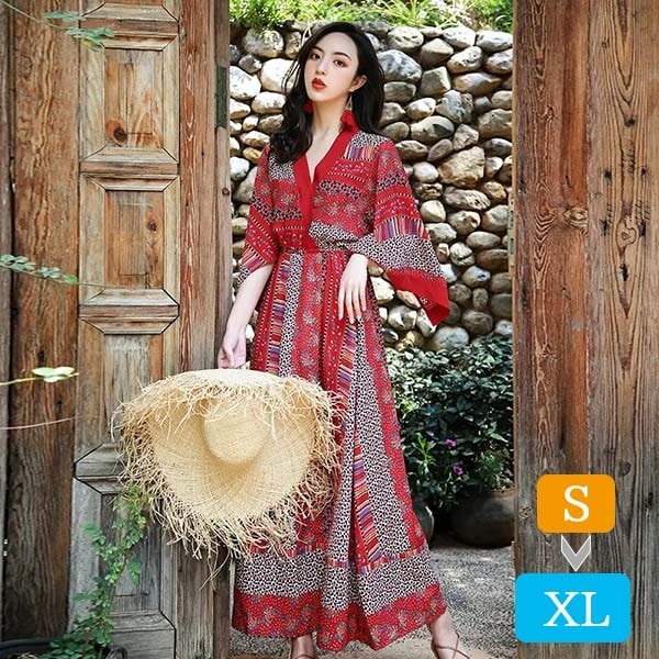 ハワイ リゾートワンピース マキシ丈 七分袖 Vネック ゴムウエスト 体型カバー 大きめ ゆったり 民族風 ゴムウエスト 夏ワンピ ロングワンピース 沖縄 海外旅行 赤 レディース マキシワンピース 11,012円