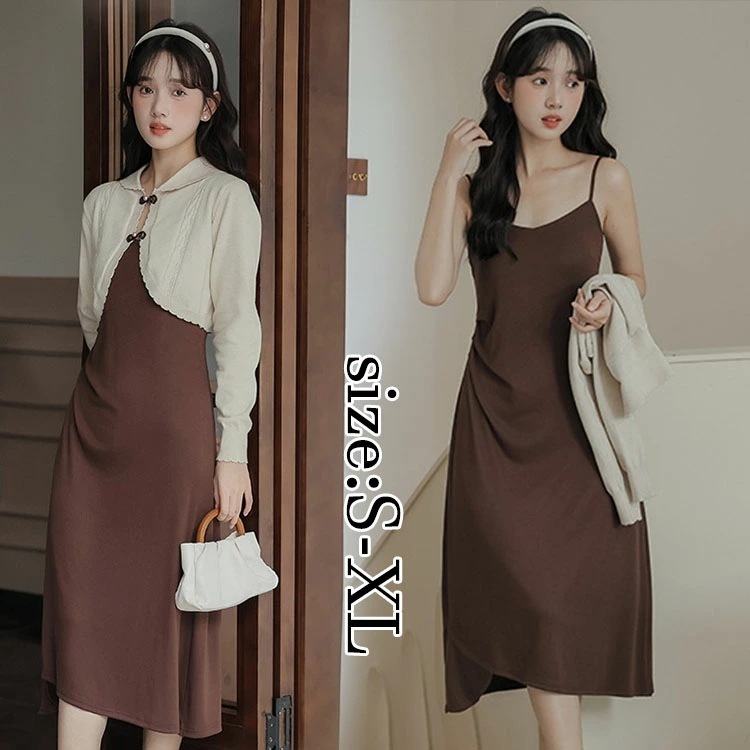 レディース ワンピースセット 着痩せ オシャレ ファッション セットアップ カーディガン+キャミワンピース 長袖カーディガン セクシー 春秋 復古風 通勤 40代 30代 50代 無地 ワンピース き