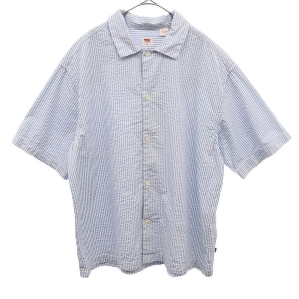 シアサッカー ストライプ 半袖 シャツ M ブルー シアサッカー地 メンズ