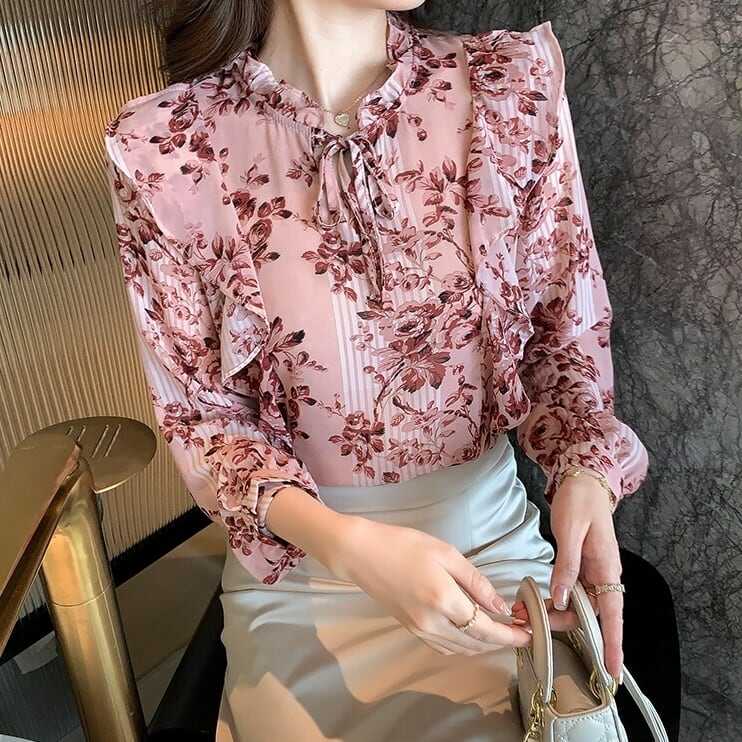 トップス シャツ ブラウス 袖あり 長袖 ボリューム袖 ハイネック 花柄 シフォン フリル かわいい 大人可愛い ピンタック きれいめ カジュアル 大人 おしゃれ お洒落 レトロ エスニック wto0