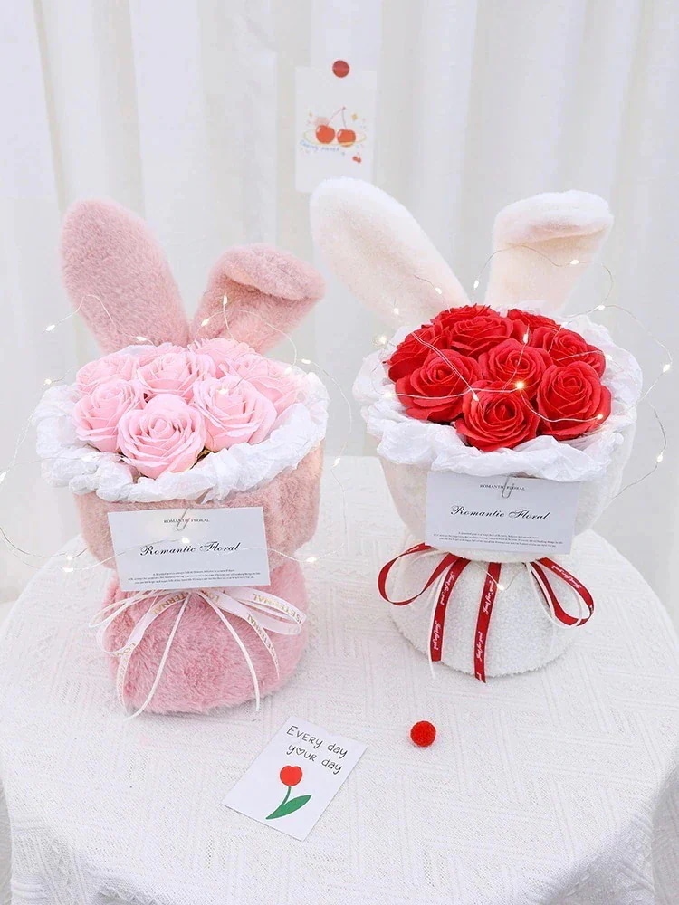 即納 かわいいウサギの耳のブーケシミュレーションソープローズエターナルフラワーバレンタインデー誕生日プレゼント彼女とガールフレンドへ