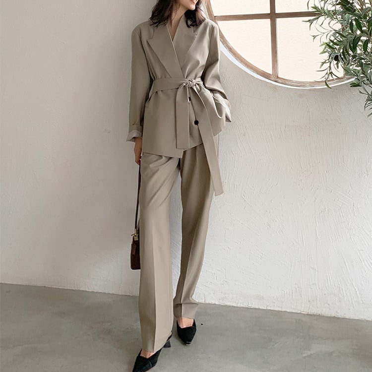 セットアップ スーツ パンツ ボトムス ジャケット ベルト付き レイヤード風 肩パッド カシュクール センタープレス 長袖 ロング ハイウエスト ストレート 襟付き Vネック レトロ lsu0116