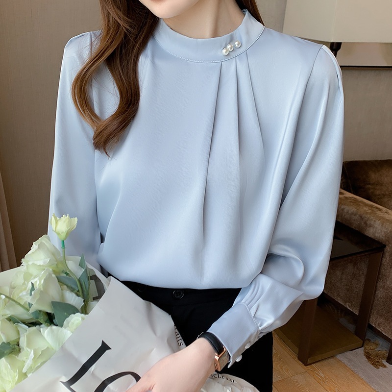 Real Shot of Satin Shirt Women s Long-Sleeved Style Beaded Bottoming Shirt 2025 Autumn Design Chiffo