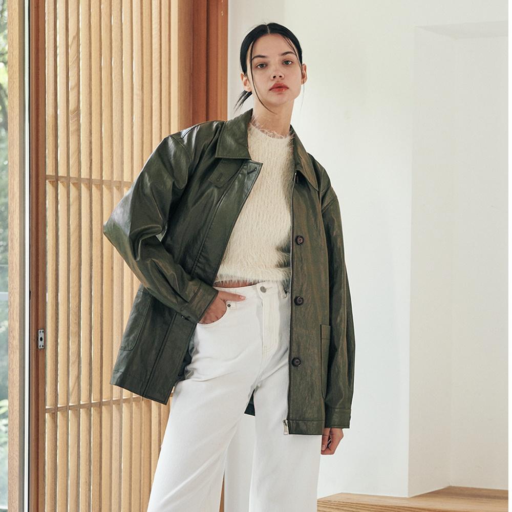 【LEFT SEOUL】 ECO LEATHER HALF JACKET : KHAKI