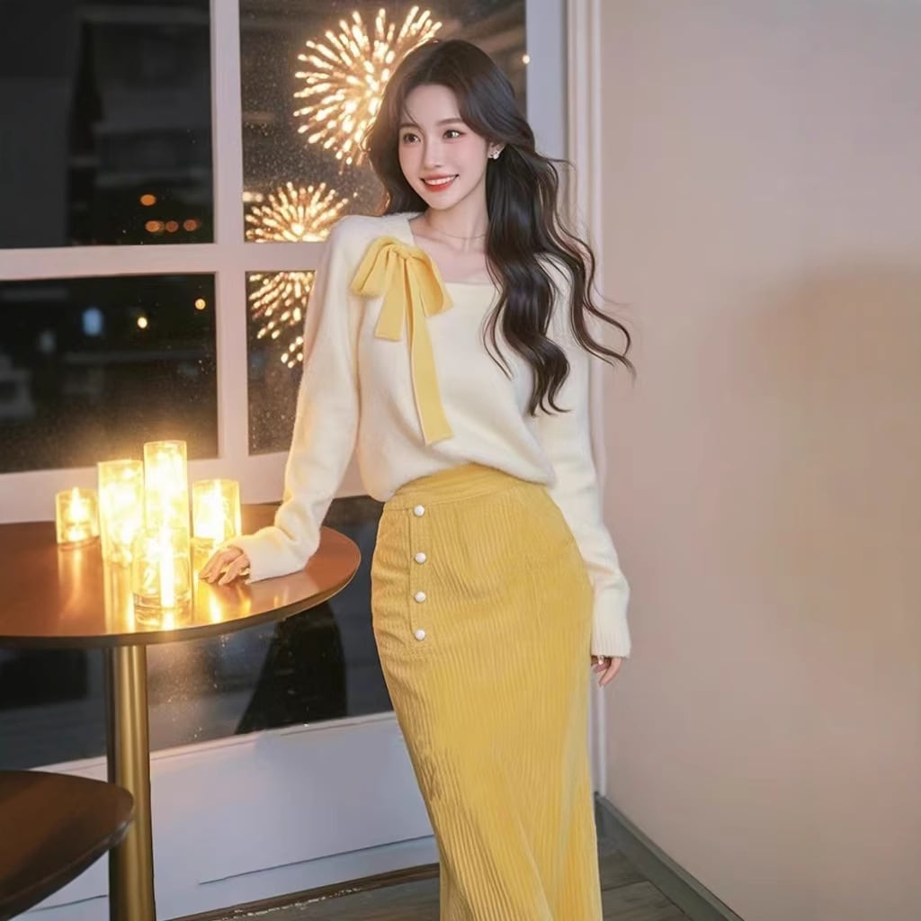 新しい小さなフレーバースタイルセットfuファミリー保育園ミルクフーフレイジーイエローボウセーター2ピーススカート