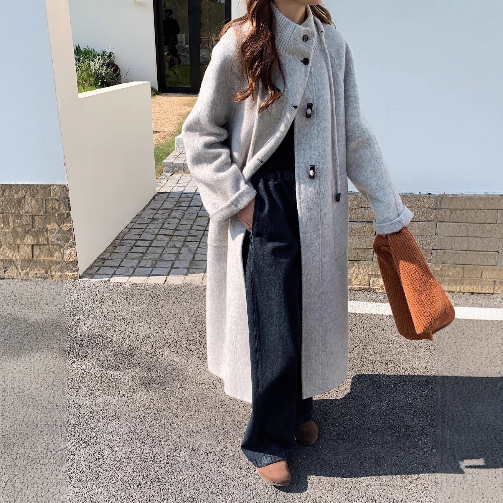 スタンドカラーのニットパッチワークが厚く暖かい両面ウールコートシングルブレストのトグルボタンスリムなカシミアウールの韓国風レディースコート
