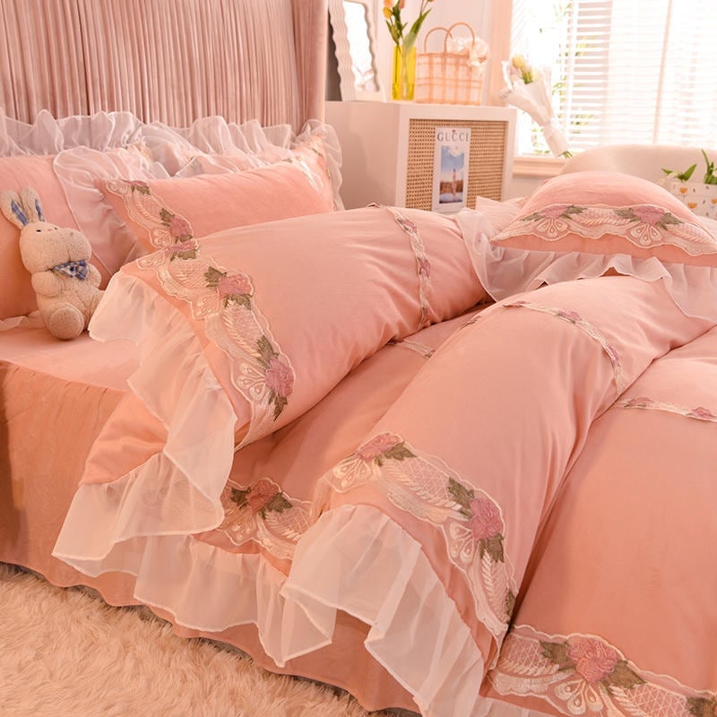 韓国版ファッション冬速暖かい赤ちゃんパイルレースベッドスカートセット田園風レースサンゴパイル布団