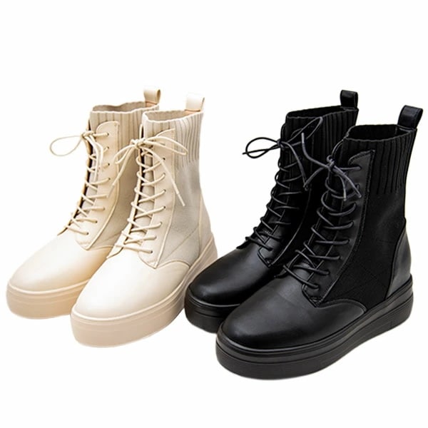 MUUM ムーム 1741 レディース レースアップブーツ 厚底 ストレッチ素材 美脚効果 フラットソール 可愛い おしゃれ 伸縮性 あたたかい ふかふかインソール ブラック アイボリー /RB/MR