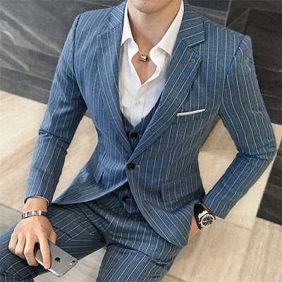 1158Nスーツメンズスリーピーススーツ入学式結婚式カジュアルスーツベlスト+パンツ＋ジャケット細身ストライプ会