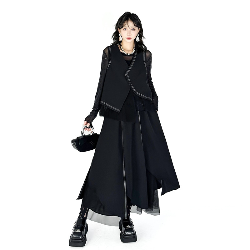 【Noir Mode】 セット ウエストコート+ロングスカート 秋 新作 スリム 万能 ゆったり 大きいサイズ 2点セット