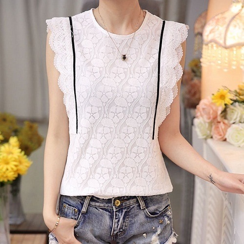 2083.ライン入りレース袖トップス(ホワイト)