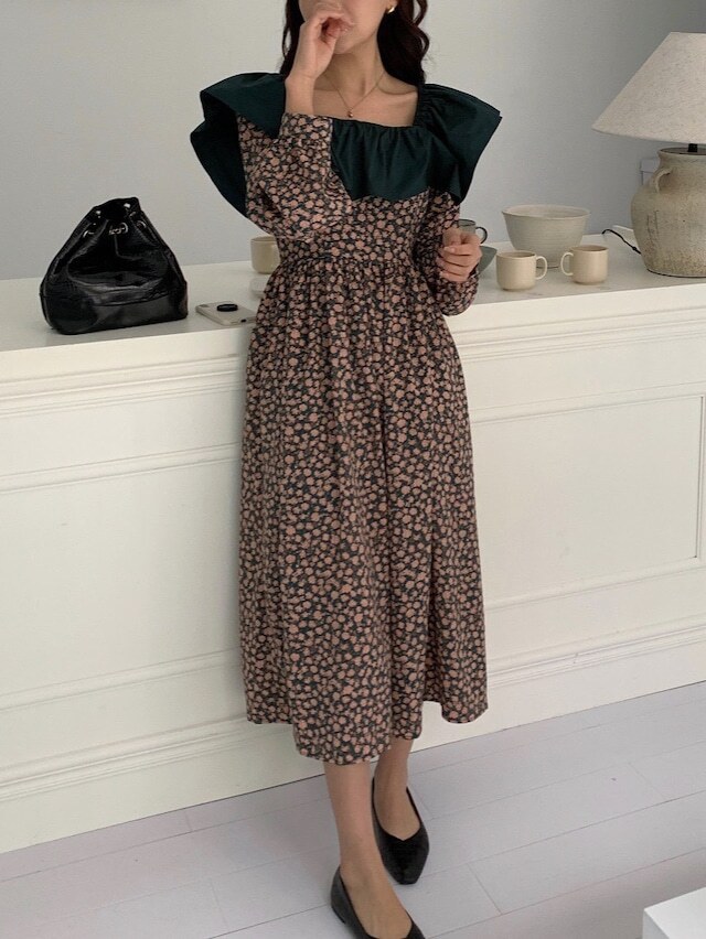 レディース 花柄 フリル ロング ワンピース スクエアネック フリルネック ウエストリボン 大人可愛い ママコーデ ママファッション 韓国系 オルチャン 人気 トレンド 新作 20代 30代 40代