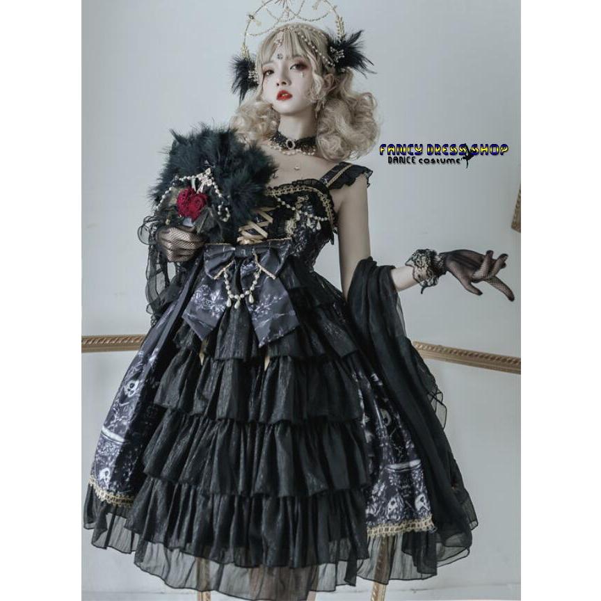 出荷が迅速である 独占販売 ロリータキャミソールワンピースjskドレス ゴスロリ＆ロリータ服 首飾り付 膝丈 お姫様ドレス LOLITA スカラップ 裾フリル 可愛い萌え萌え レディース 魔女メイ 本