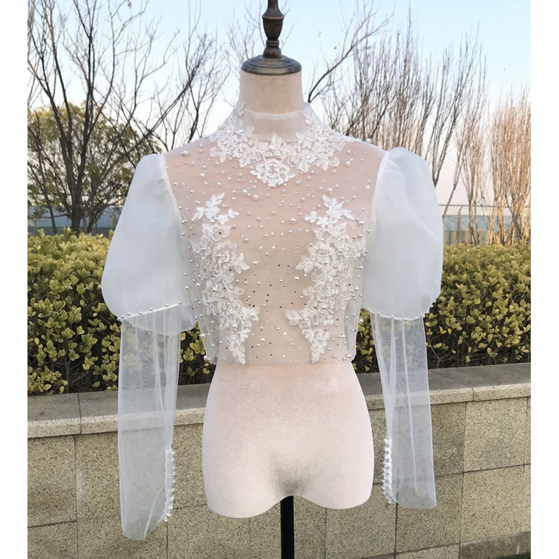 ウェディングボレロ 長袖 パール レース ブライダル 花嫁 ウェディングドレスアレンジ オフホワイト 結婚式 二次会 披露宴 エレガント クラシック 上品