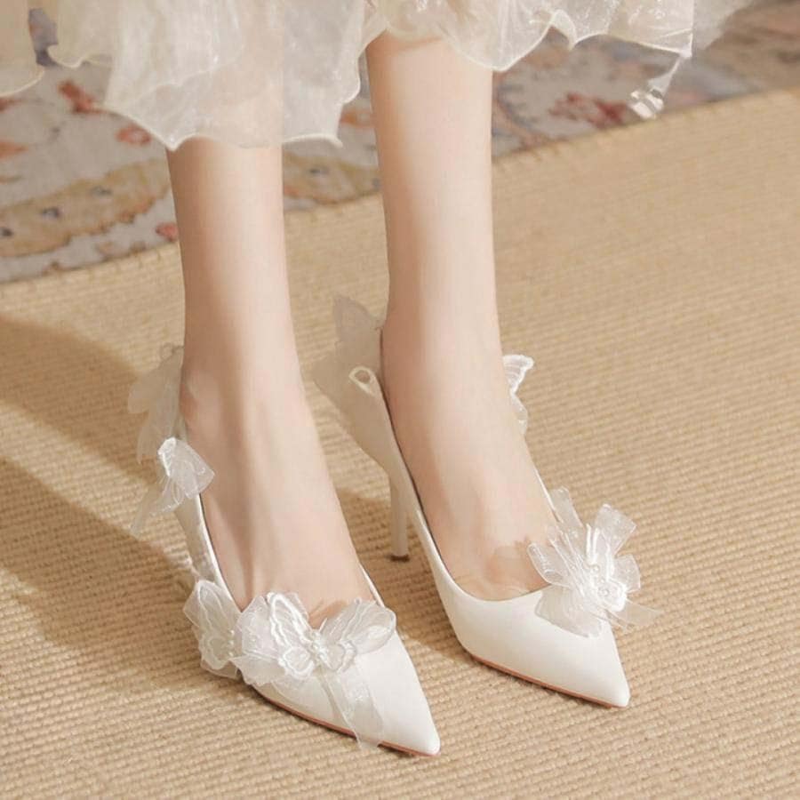 2025新品 数量限定 ハイヒール パンプス スパンコール パール 花嫁 結婚式 ハイヒール ピンヒール パンプス ラウンドトゥ パンプス ウェディングシューズ 美しい蝶の飾り 短納期