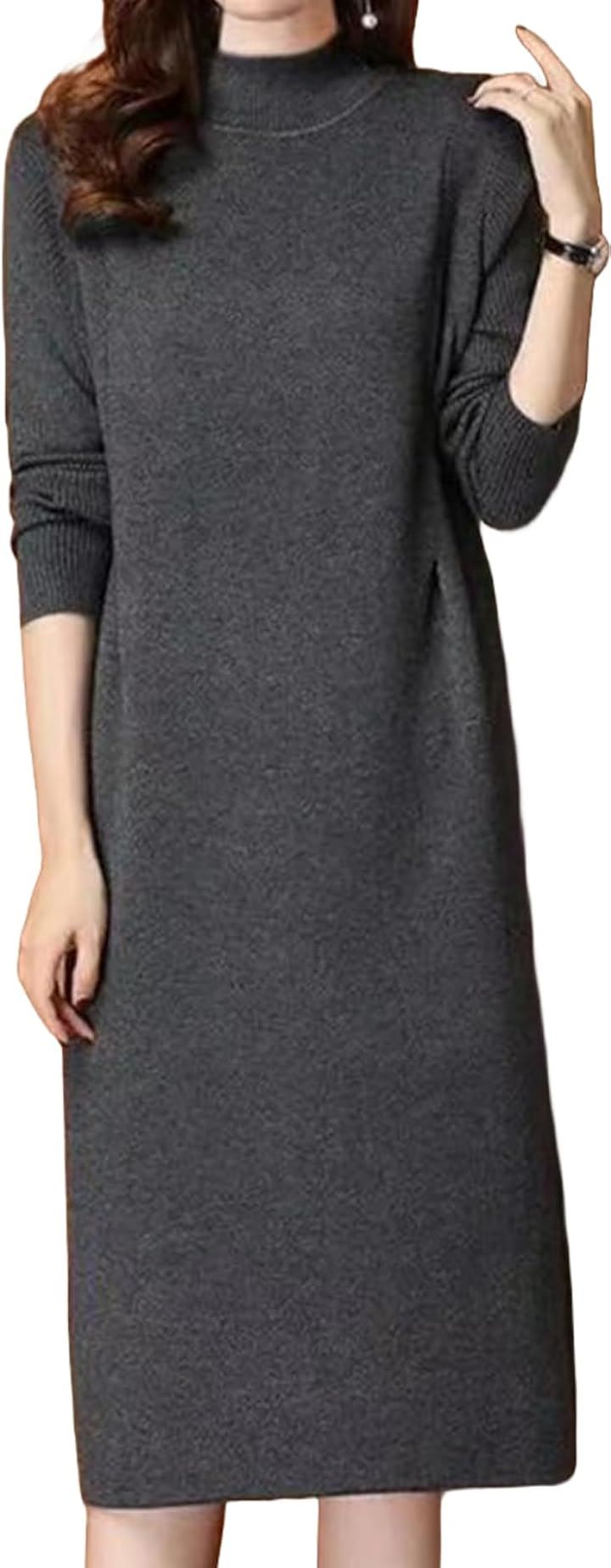 ニットワンピース 長袖 チュニック ミディアム丈 ハイネック レディース タイト 膝丈 3A-A21-GYM( グレー, M)