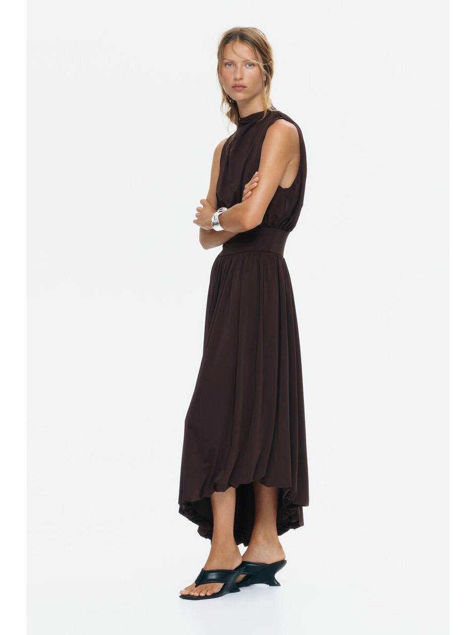 H&M ドレープタートルネックドレスダークブラウン 1349168001