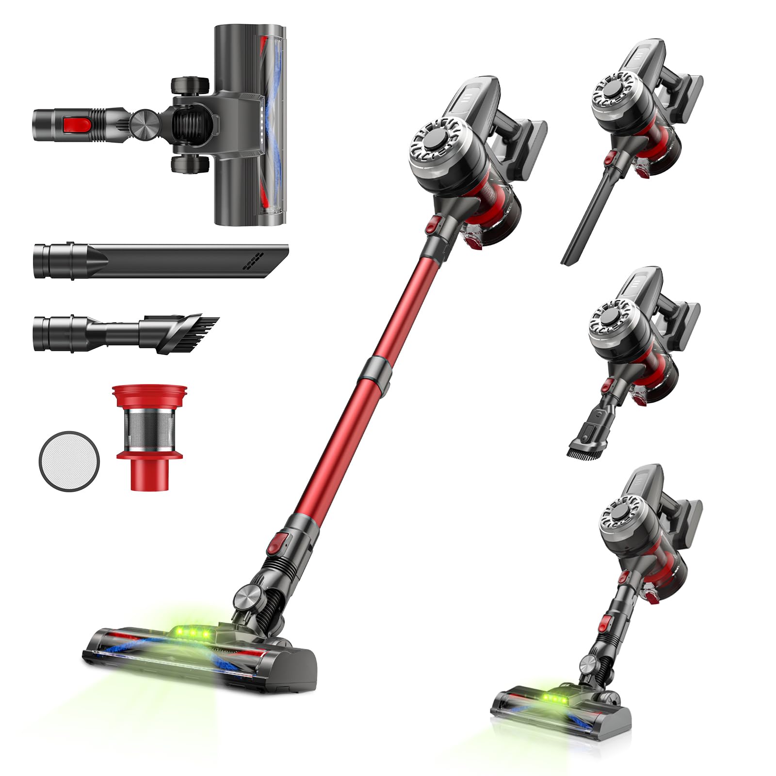 Hearten 掃除機 コードレス【2025超軽量設計・グリーンLEDライト搭載】コードレス掃除機 50000PA 強力吸引 2段吸引力モード 低騒音 スティッククリーナー 50分連続稼働 着脱式バッ