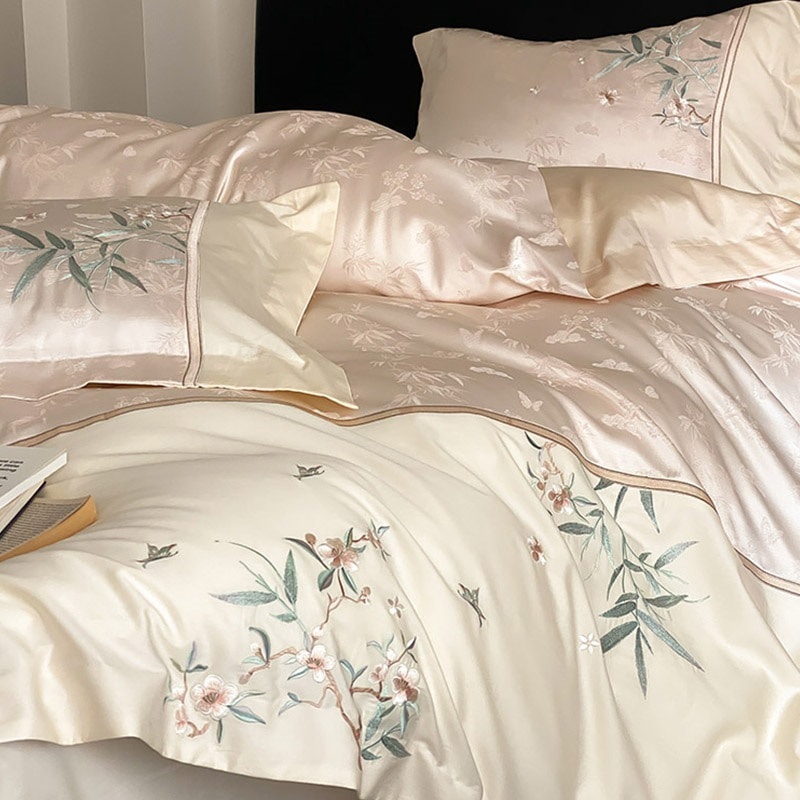 新しい中国スタイルのコットンベルベットコットンベッドカバー4ピースセットの絶妙な竹ジャクアード刺繍キルトカバーシャンパンパウダーグレー