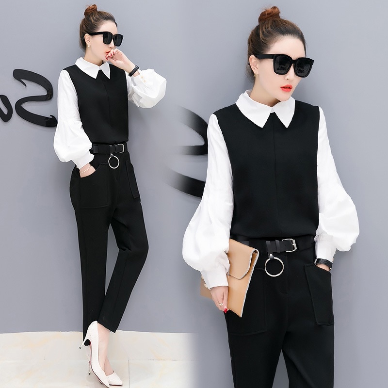 921.バイカラーシャツブラウス＆パンツセットアップ（ブラック）