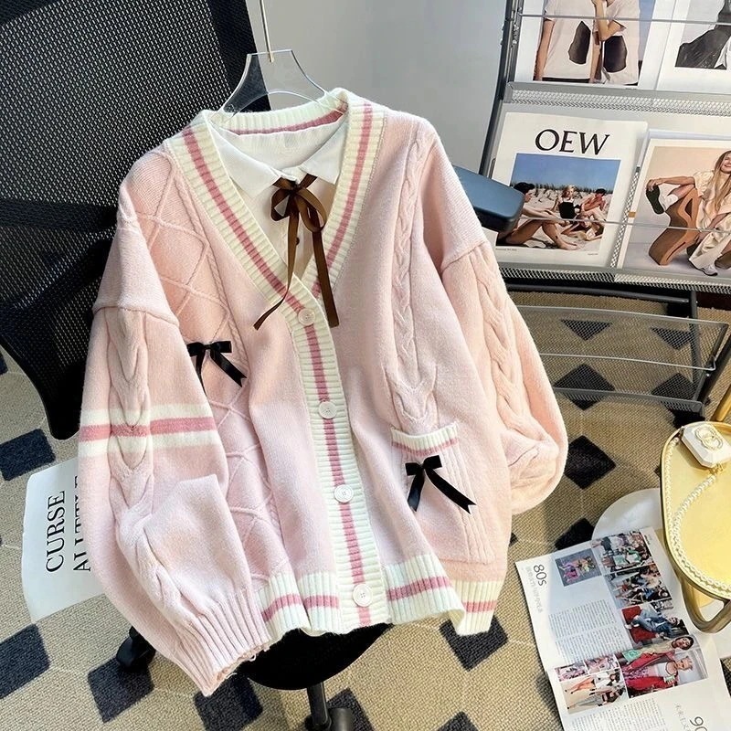 韓国ファッション リボンセーターコート女性のゆったり新型だるさ感減齢日系ニットカーディガン