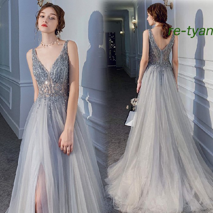 パーティードレス ロング丈 発表会披露宴二次会 ステージ衣装 ピアノ イブニングドレス 演奏会用ロングドレス 袖なしカラードレス コンサート花嫁 フォーマル