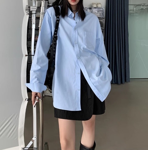 【1つ買うと10つ無料】女性のためのシンな青と白のシャツゆるい古典的な層状のベース長袖シャツジャケット