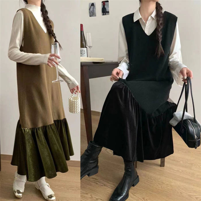 ベスト ワンピース レディース 新作 Vネック ノースリーブ ロング ベスト ベロア ドッキング ニット 無地 フリル プルオーバー ベストワンピース 重ね着 ゆったり 春 秋 カジュアル ストリート