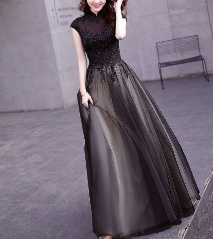 パーティードレス 花柄 レース フレア ロング 3色 チュール ハイネック マオカラー Aライン ノースリーブ 異素材ミックス フェミニン エレガント パーティー 結婚式 二次会 お呼ばれ