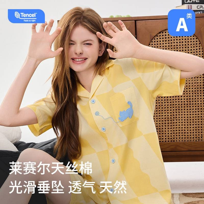 A型クールリヨセルテンセルコットンカップルパジャマレディース夏刺繍パジャマホームウェア半袖ショートパンツスーツ